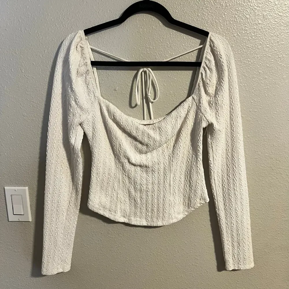 Free People Brittany White Ribbed Puff Sleeve Top Long Sleeve Size M